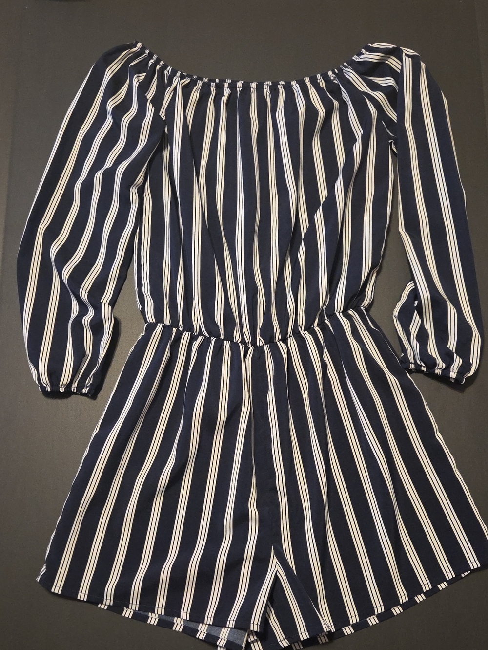Striped Navy and White Off-Shoulder Women’s Shorts Romper
